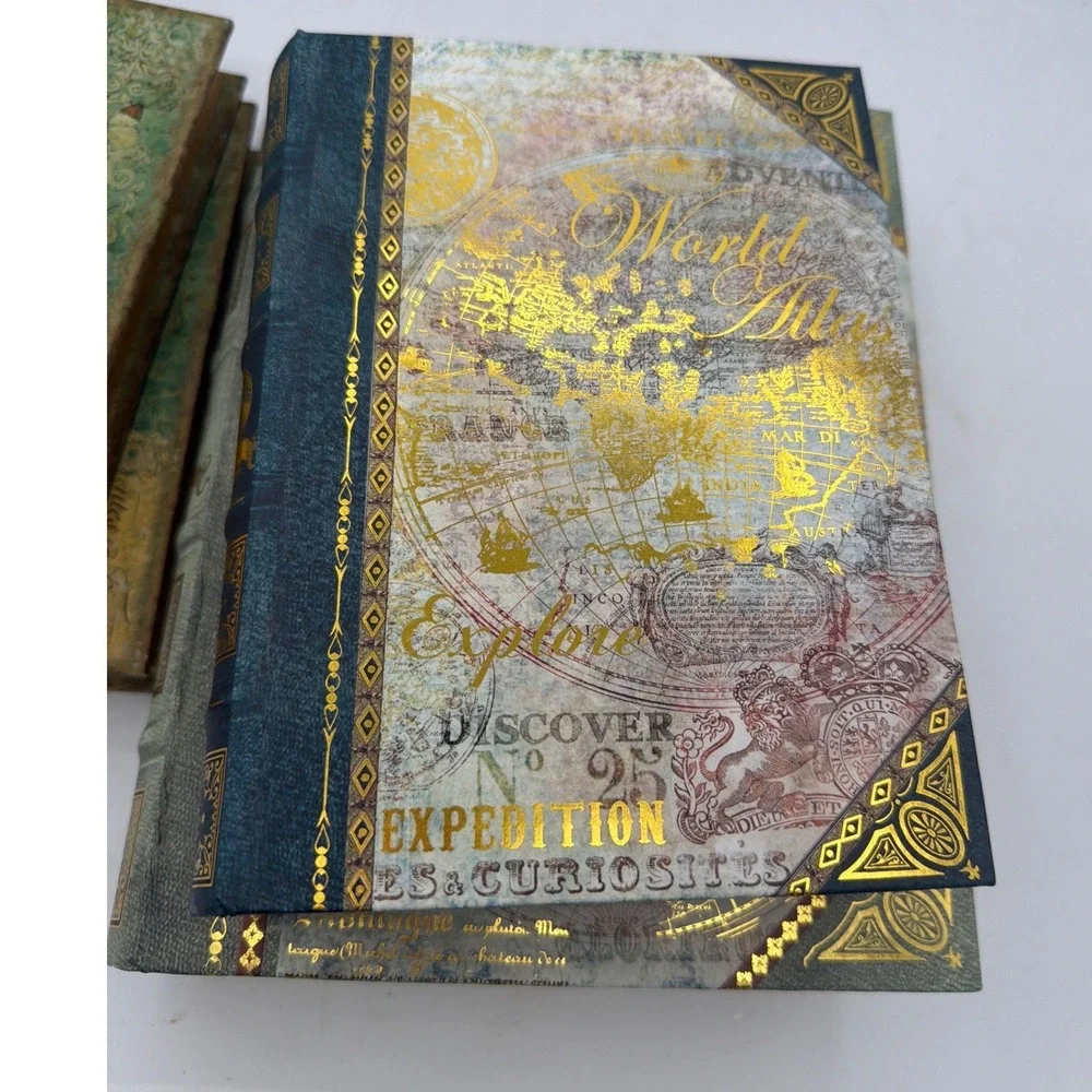 Set of 2 Faux Book Storage Boxes Vintage World Map Decorative Secret Stash Books